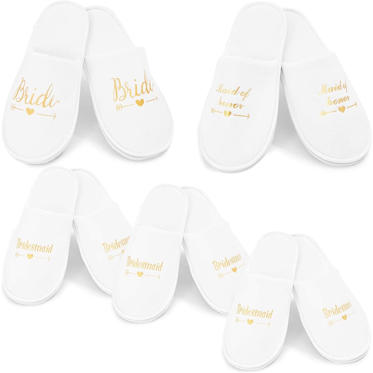 Set of 5 Bridesmaids Slippers - White Bridal Party Shoes for Maid of Honor, Wedding, Spa Party Favors (US Women's 6-9.5)